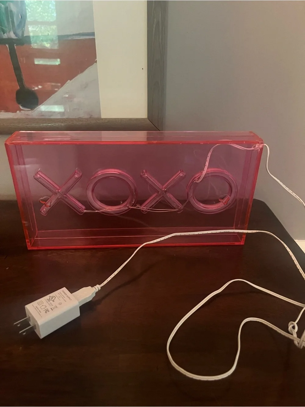 XOXO LED Neon Pink Acrylic Box Light - Blue Glow Tabletop Decor Wall Sign